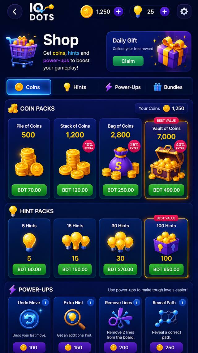 IQ Dots — in-game shop and daily gift